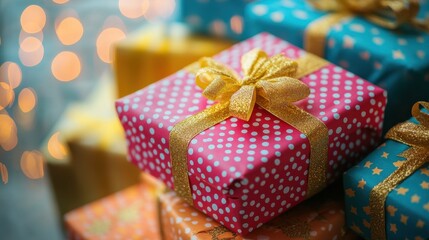 Obraz premium Pink Gift Box with Gold Ribbon and Colorful Presents