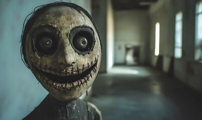 A creepy doll face stares forward in an empty hallway