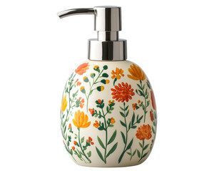 ceramic soap dispenser featuring hand painted floral design in vibrant colors, perfect for adding touch of nature to any bathroom or kitchen decor