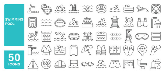 Set of 50 line icons related to swimming pool, pool, swim, pool ladder, sport, swimmer, summer, athletic, water, swimming, Editable stroke. Vector illustration