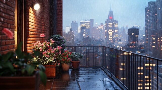 Urban Serenity: Captivating Rainy Morning View from City Balcony in 16:9 Aspect Ratio