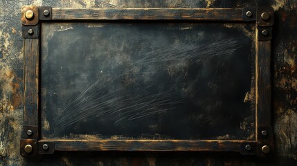 Weathered blackboard with rusted frame showing scratches and signs of age in an educational setting