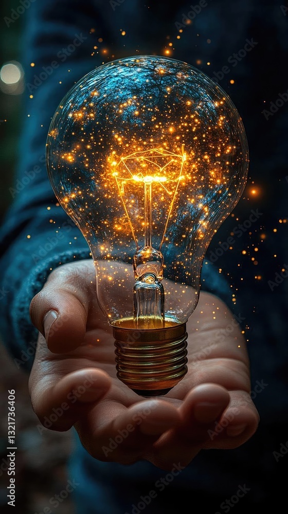 Poster a person holding a glowing light bulb filled with sparkles in a forest setting