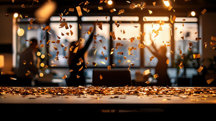 Golden confetti fills air in lively office celebration with blurred figures