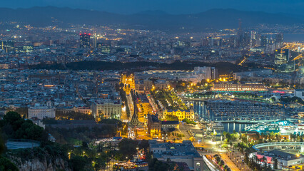 Aerial view over square Portal de la pau day to night timelapse in Barcelona, Catalonia, Spain.