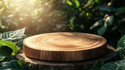 Obraz premium Wooden product podium in natural forest light, eco wooden product podium with tropical leaves, rustic wooden product podium for organic display, organic packaging showcase, sustainable brand visual,