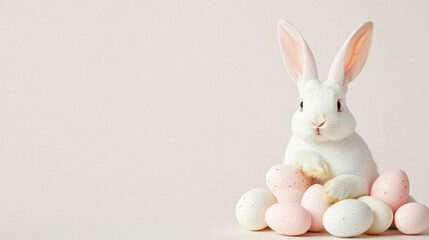 Obraz premium A clean white background with holographic eggs and a charming Easter bunny, leaving ample room for personalized text