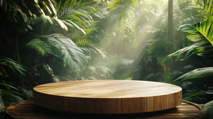 A wooden table with a round top in a jungle setting