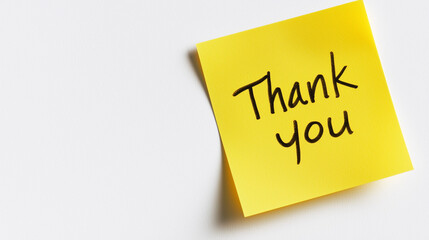 A cheerful yellow sticky note with Thank you handwritten on it, displayed against a clean white background