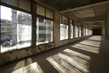 Abandoned corridor sunlight through dusty windows