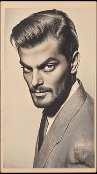 A retro portrait of a man in a sharp 1970s suit, with a classic pompadour hairstyle, slight film grain, warm tones, and a vintage camera flash effect enhancing the mid-century style. Generative AI