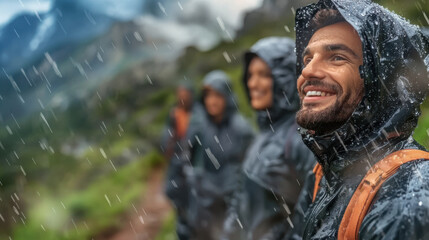 group of hikers in raincoats smiling while hiking in rain through lush mountain landscape