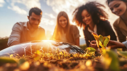 diverse business team joyfully brainstorms sustainable energy solutions outdoors