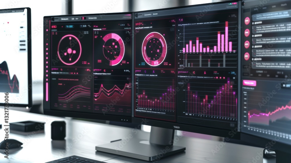 Poster A modern workspace showcases multiple monitors filled with dynamic graphs and statistical data, highlighting real time analytics in a high tech environment.