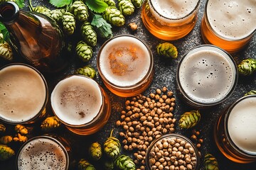 Beers & ingredients on the table, a top view, close-up shot