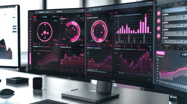 A modern workspace showcases multiple monitors filled with dynamic graphs and statistical data, highlighting real time analytics in a high tech environment.