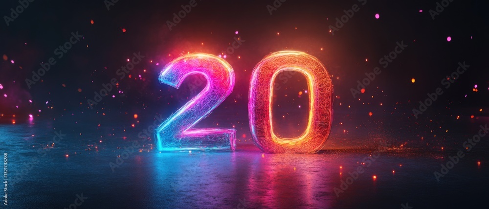 Poster A bright neon sign displaying the number 20 against a dark background