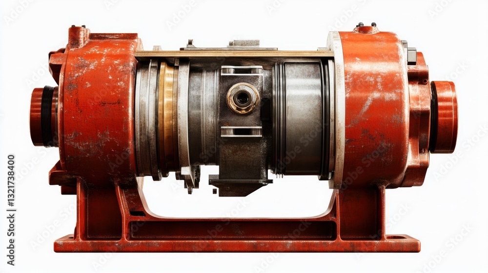 Poster cut-away view of a rusty red industrial machine, showcasing internal components and mechanisms.