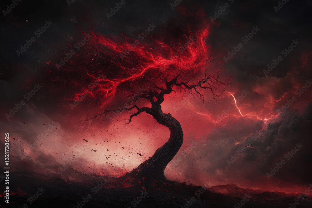 Poster a tree with red leaves and branches is surrounded by a dark sky with lightning