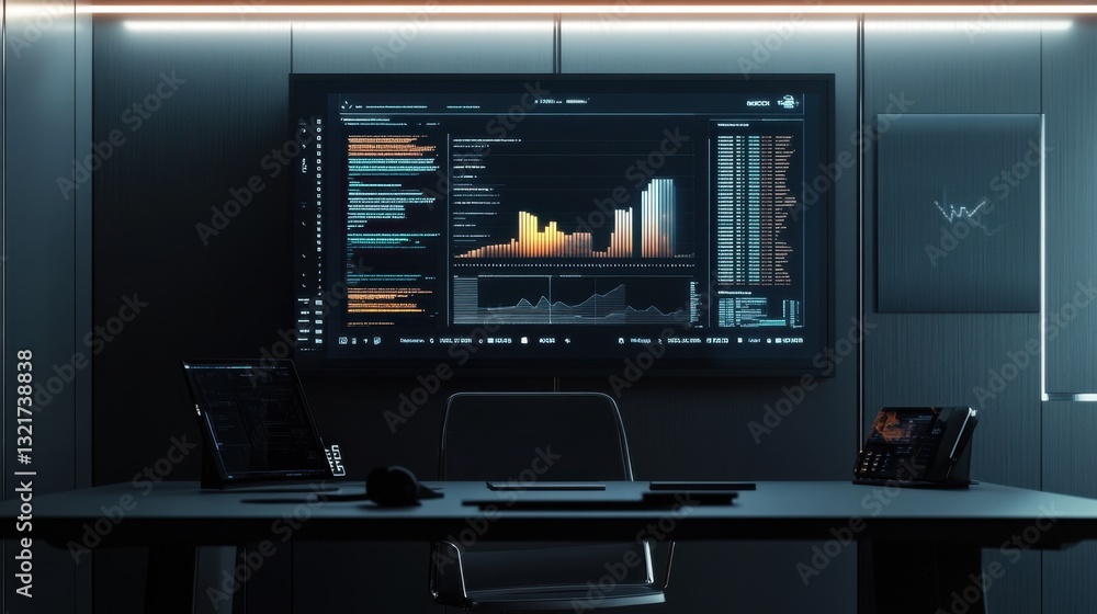 Poster a minimalistic office workspace with a large display showing real-time statistical analysis, data tr