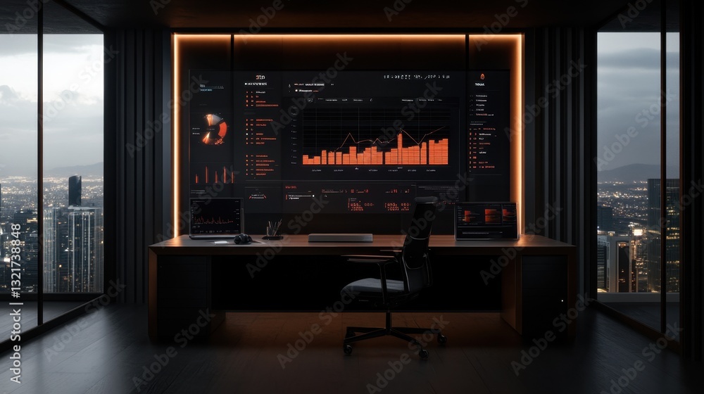 Poster a minimalistic office workspace with a large display showing real-time statistical analysis, data tr