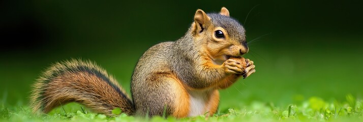 Obraz premium A cute squirrel sits on the grass, curiously munching on a nut, showcasing its playful demeanor and blending seamlessly into its vibrant green surroundings in a peaceful moment.