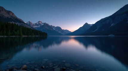 Calm summer evening by a serene lake, reflecting twinkling stars and distant mountain silhouettes, warm hues blending into the night sky. A peaceful and mesmerizing landscape.