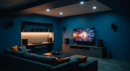 Modern Home Theater Room with Blue Walls and Cozy Sofa
