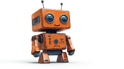 Fototapeta premium Cute orange rusty retro robot toy isolated on white background.