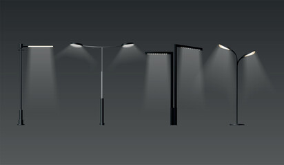 Realistic street lamp. Modern city street lights row for night road or park alley, outdoor streetlight outdoor pole lamps lamppost glow led lantern, set exact vector illustration © ssstocker