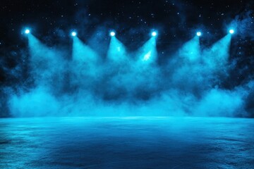 Obraz premium Blue stage lights illuminating smoky floor.