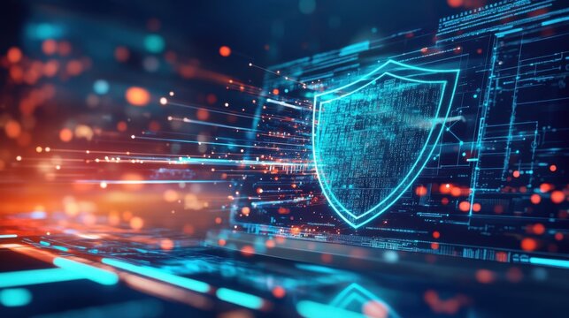 A modern cybersecurity insurance concept with a secure shield overlaying a monitor and digital data streams.