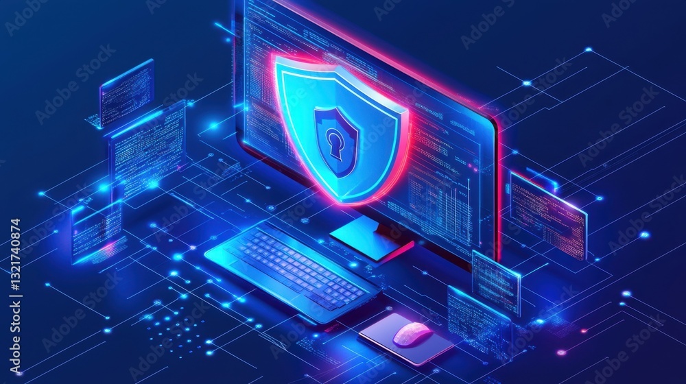 Poster a modern cybersecurity insurance concept with a secure shield overlaying a monitor and digital data 