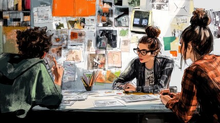 Three young colleagues brainstorming ideas around a table in a creative workspace.