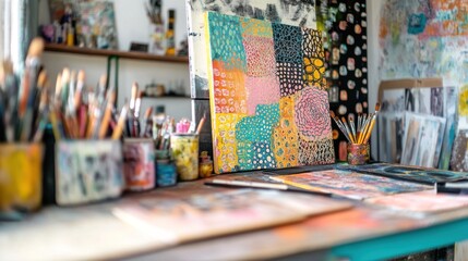 Obraz premium Colorful artwork on artist's desk with paintbrushes and supplies.