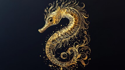 Obraz premium A golden ornate seahorse illustration against a dark background