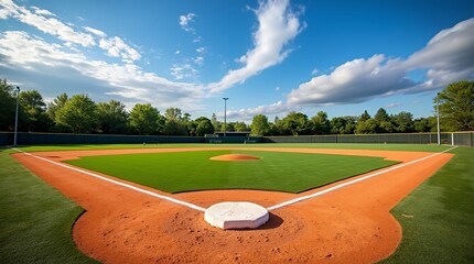 Baseball Field: A vibrant baseball field bathed in the warm glow of sunshine, framed by lush green grass and a vibrant blue sky with fluffy clouds