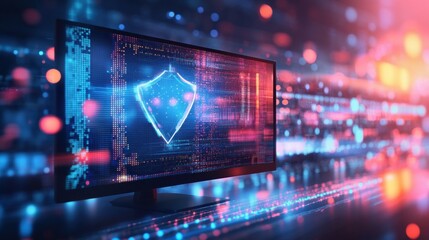 A modern cybersecurity insurance concept with a secure shield overlaying a monitor and digital data streams.