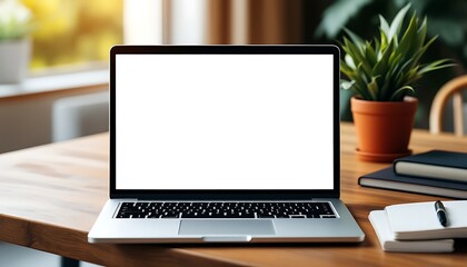 Laptop on Desk with Blank Screen, Plant, and Notebooks for Mockup