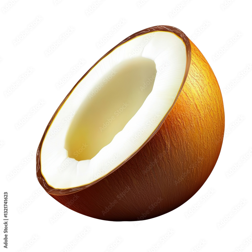 Poster a whole coconut displaying its rough brown outer and smooth inner flesh surrounded by tropical leave