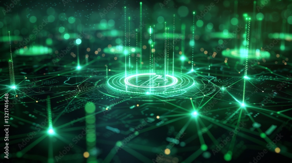 Poster A vibrant network of connected lines and glowing green dots represents data flow in a futuristic digital landscape, showcasing advanced technology and connectivity.