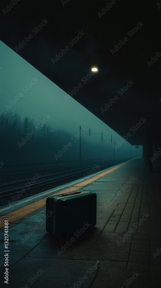 Poster a suitcase sits on the platform of a busy train station, awaiting its passenger's return