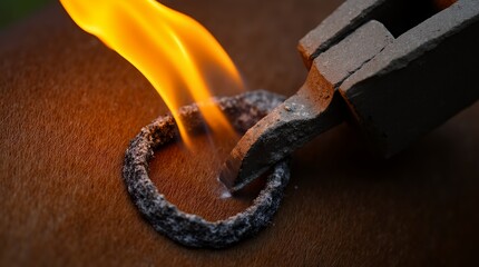 Fiery Branding: A close-up shot captures the intense moment of branding, a hot iron searing the skin with a glowing ring. The heat is visualized by the orange flames.