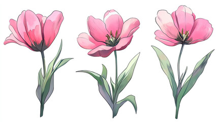 Watercolor style hand-painted pink tulips. Tulips flowers set. Elegant floral design with pink petals and green stems