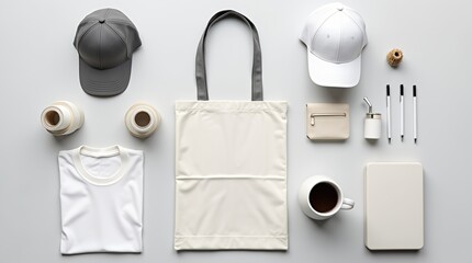 Mockup of Merchandise: A curated assortment of clean and stylish merchandise. This image embodies a minimal and contemporary feel, ideal for showcasing designs and branding elements.