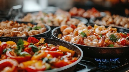 Close-up of various sizzling dishes in pans on a stove.