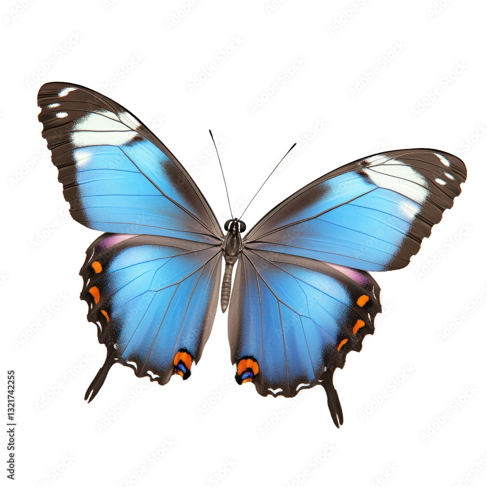 Poster vibrant blue butterfly resting on a leaf with delicate wings spread open under natural light in a ga