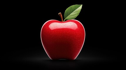 Obraz premium Shiny red apple on a black background with a green leaf.