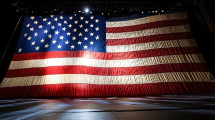 Large American flag draped on stage, dramatic lighting.  Possible use Stock photo for patriotic themes