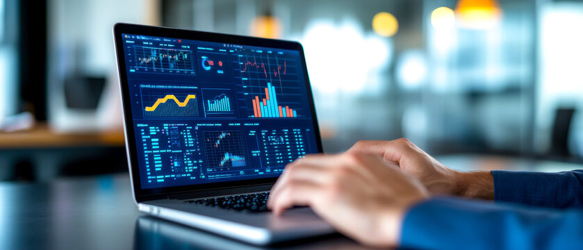 A person working on a laptop displaying data analytics and graphs, illustrating a professional environment focused on technology and analytics.